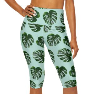 Tropical Green Leaf High Waisted Capris