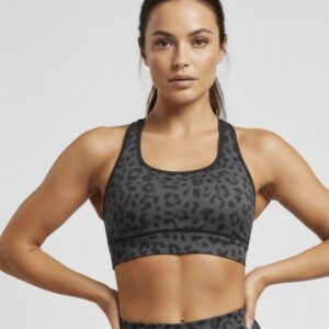 Grey & Black Leopard Print Sports Bra Top